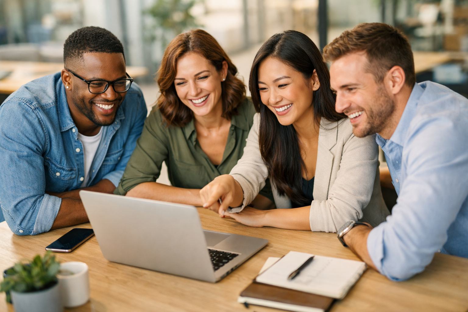 Team collaborating around a laptop